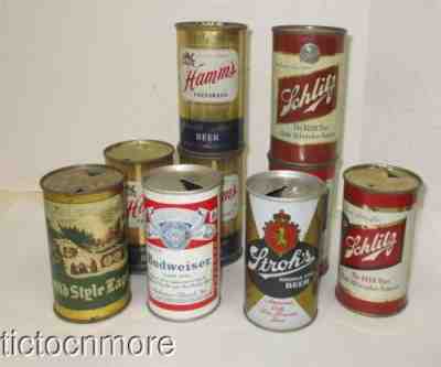 VINTAGE METAL BEER CANS FLAT TOP HAMMS SCHLITZ OLD STYLE LAGER STROHS BUDWEISER