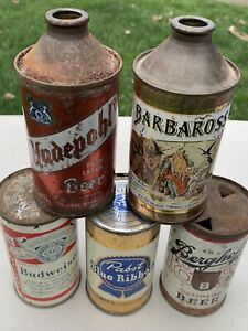 5 Vintage Beer Cans Flat Cone Top Antique Vintage PBR Budweiser Barbarossa IRTP