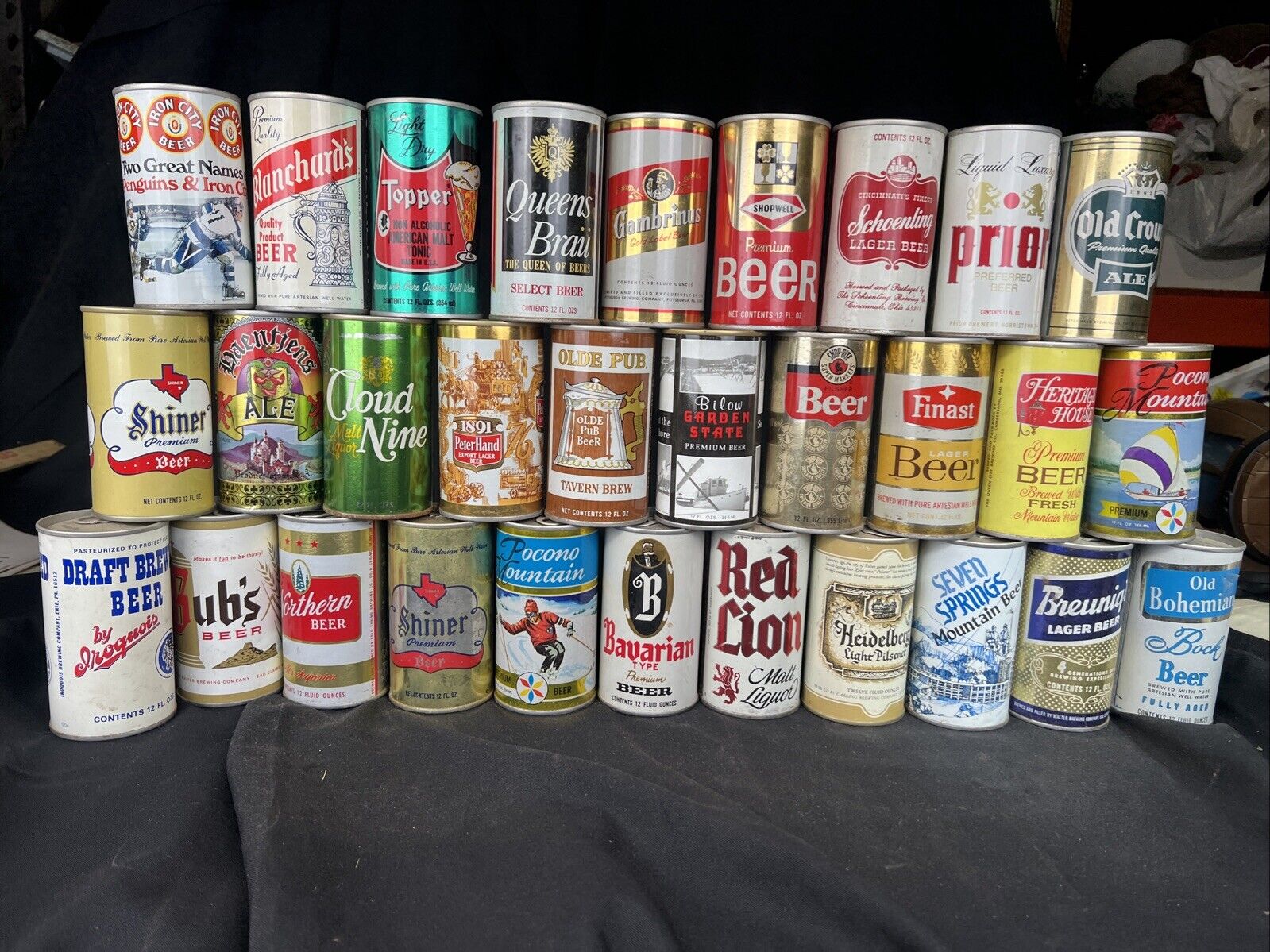 (Lot of 30) SS Bottom Opened Tab Top Beer Cans  - Red Lion, Shiner, Topper, Etc