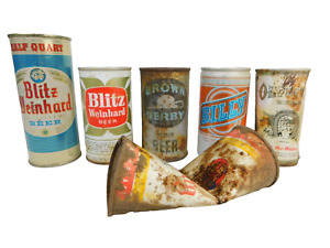 6 Rusty Tin Beer Cans Blitz Weinhard OR Brown Derby Billy Olympia WA Heidelberg