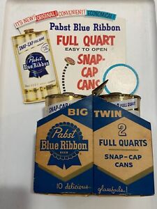 Pair Pabst Blue Ribbon Beer Quart Snap-Cap Cone Tops w/Advertising Carrier