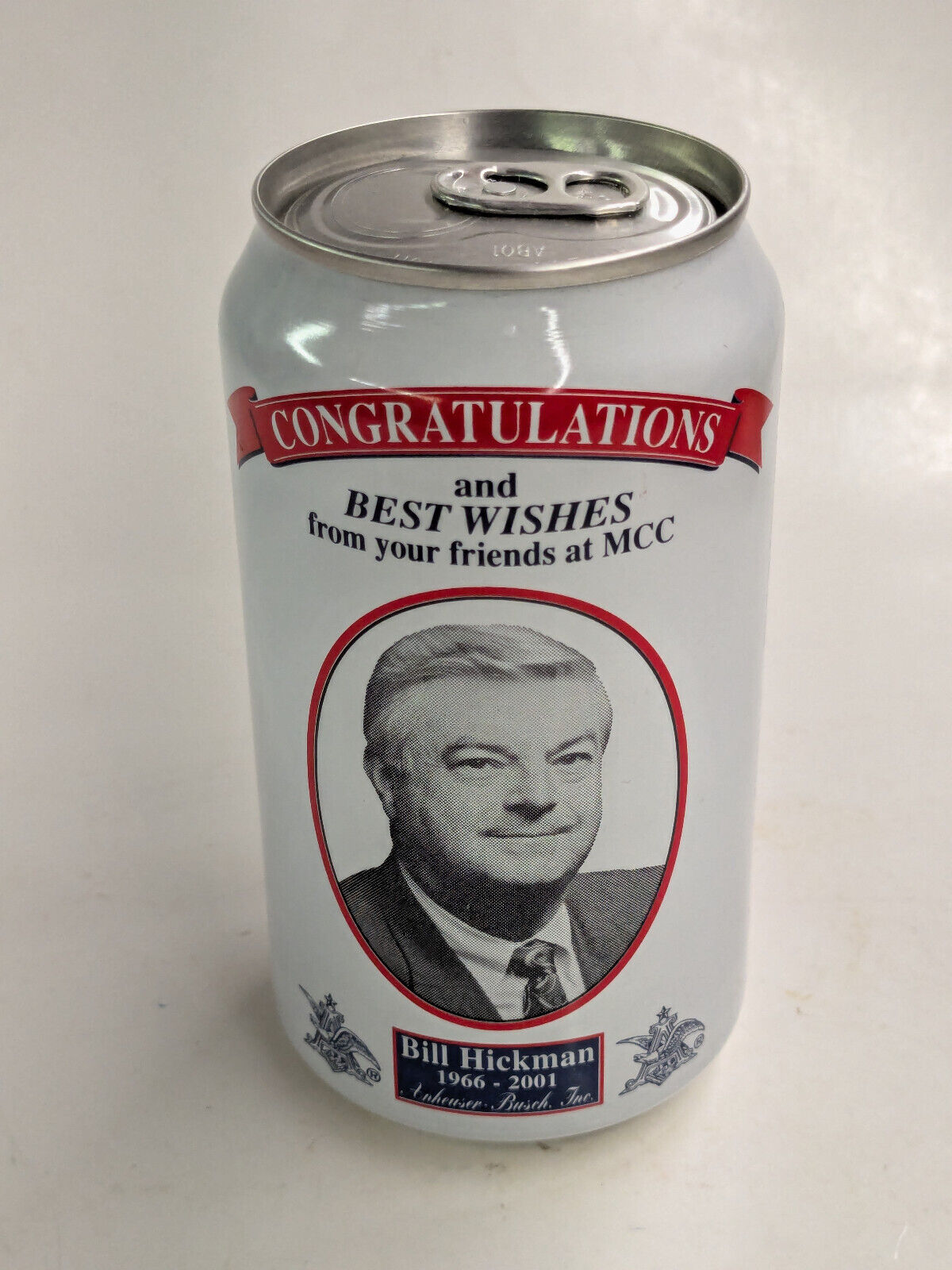 BUDWEISER "BILL HICKMAN - SENOIR DIRECTOR" RETIREMENT ALUMINUM Beer Can STL