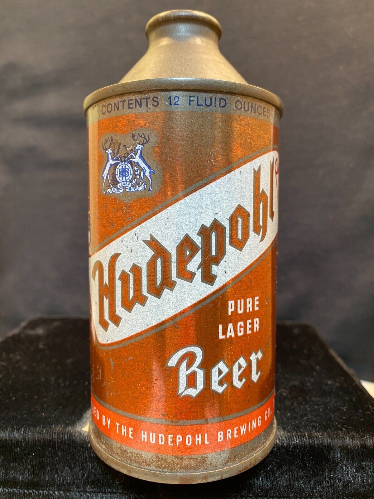 HUDEPOHL PURE LAGER BEER EARLY 1950'S 12OZ HIGH PROFILE CONE TOP CAN CINCINNATI