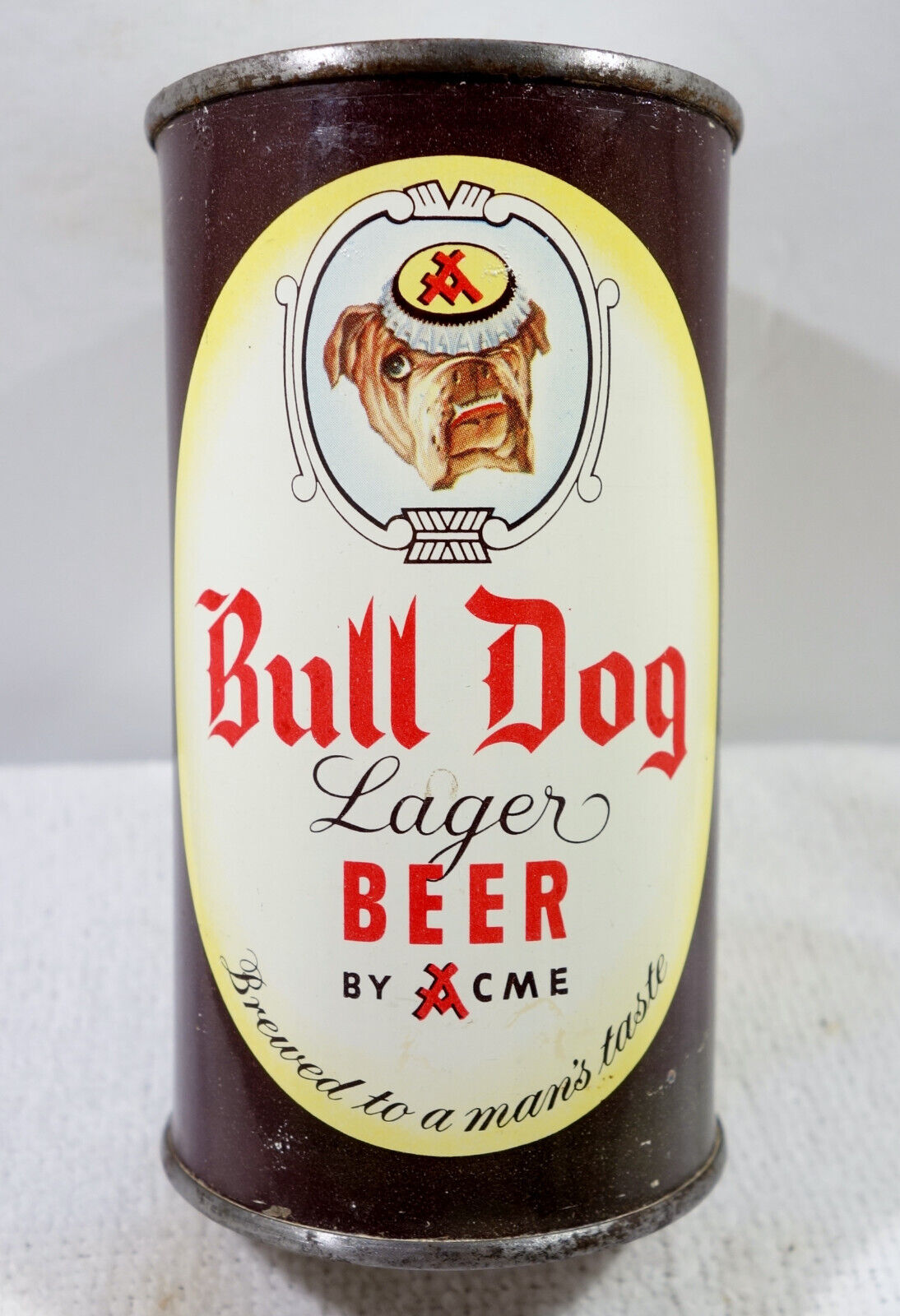 Bull Dog Lager Bottom Opened! with Cool White Painted Top Lid Flat Top Beer Can