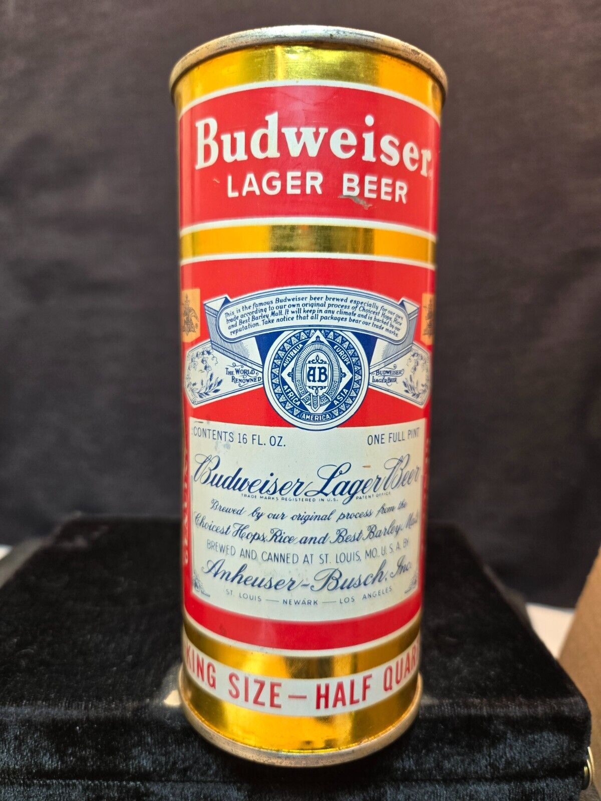 BUDWEISER LAGER BEER KING SIZE HALF QUART MID 1950'S 16OZ FLAT TOP CAN ST LOUIS