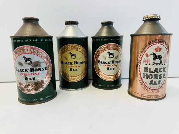 LOT OF 4: VINTAGE BLACK HORSE ALE CONE TOP EMPTY BEER CANS
