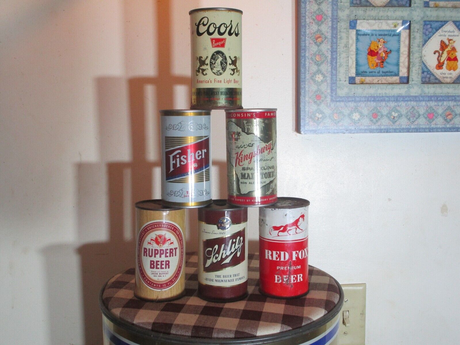 6 Old 12 Oz. Flat Top Beer Cans Schlitz Ruppert Red Fox Coors Fischer Kingsbury