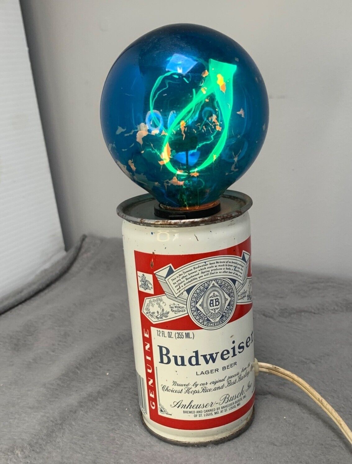 Vintage Fleco Budweiser Beer Can Lamp with Blue Light Bulb By Anheuser-Busch Ind