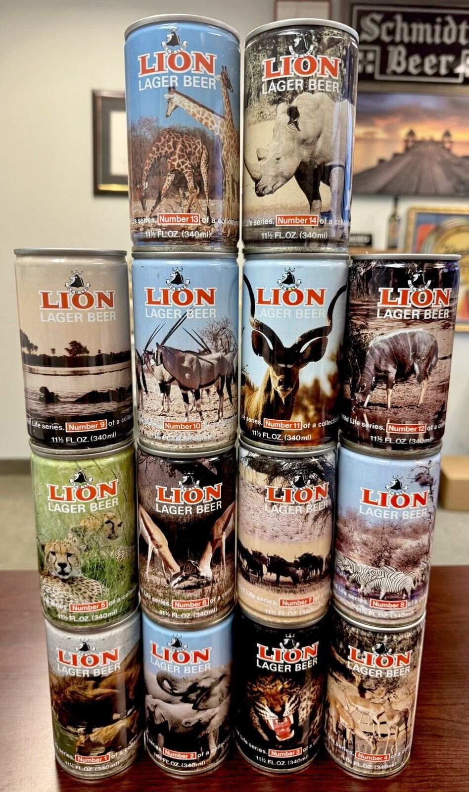 Complete Set: LION LAGER Beer 14 Cans all BO cans, ANIMALS, SOUTH AFRICA, empty