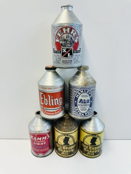 LOT OF 6: VINTAGE CONE TOP EMPTY BEER CANS(OLD TOPPER/FEHR'S/EBLING/HANLEYS)