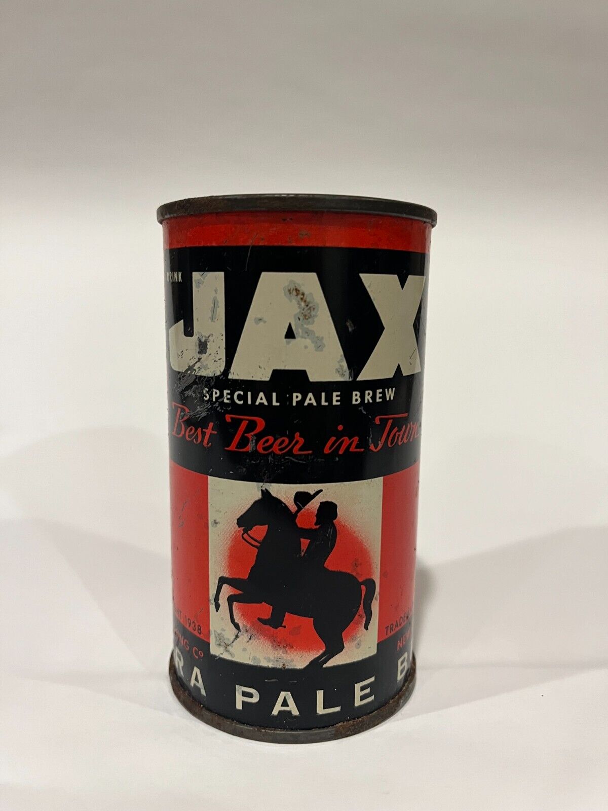 Jax Beer Flat Top Can - 1940's, great color showing horse rider and with arm