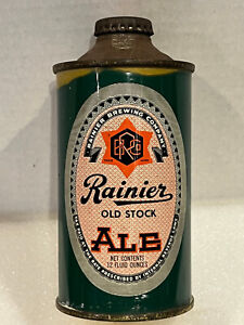 Rainier Old Stock ALE Lo Pro Cone Top Beer Can IRTP Dated 1941 - Original Crown