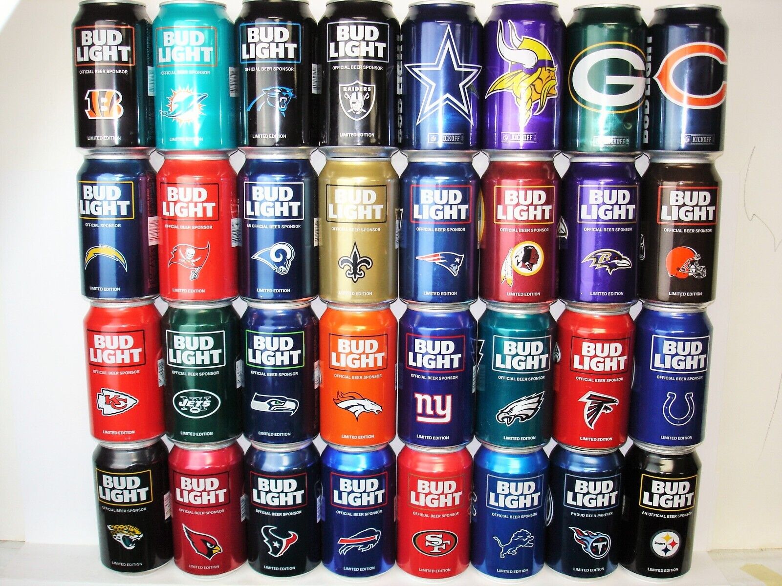 BUD LIGHT “2016 NFL KICKOFF FOOTBALL COMPLETE SET” ( 32 DIFF) ALUMINUM Beer Cans