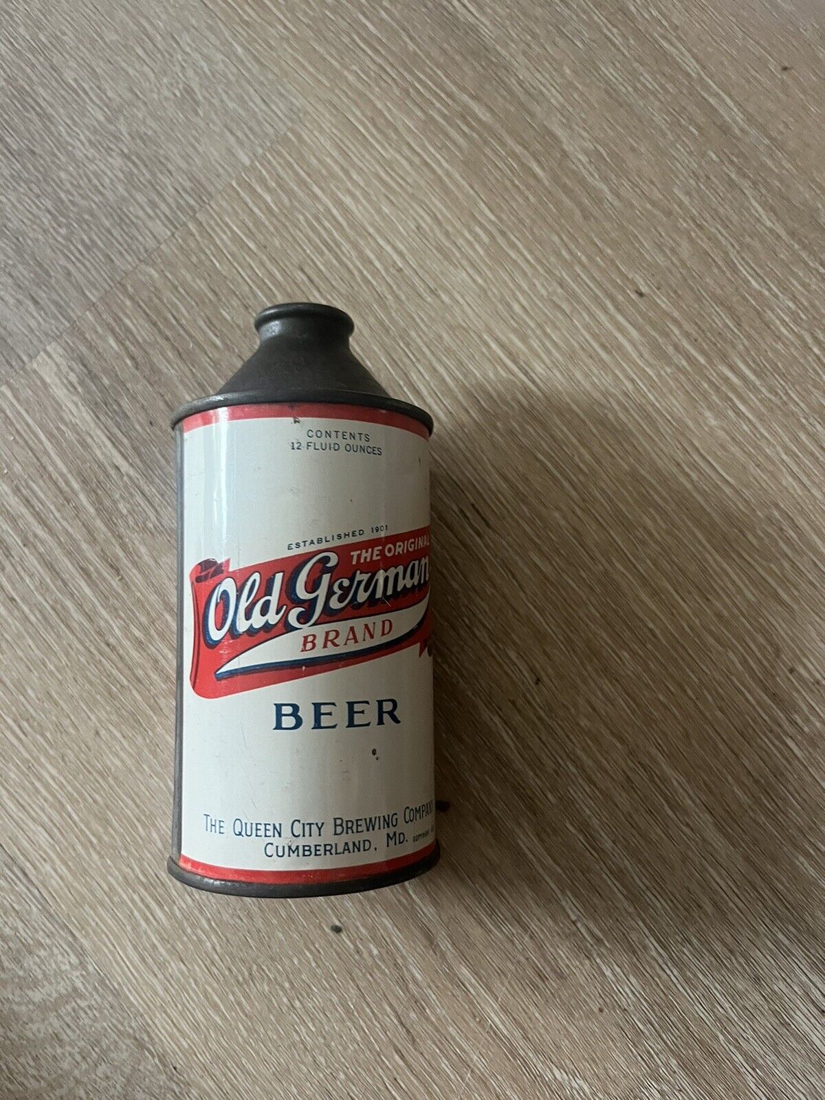 Old 12oz OLD GERMAN Premium Lager Cone Top Beer Can Queen City Cumberland Md.