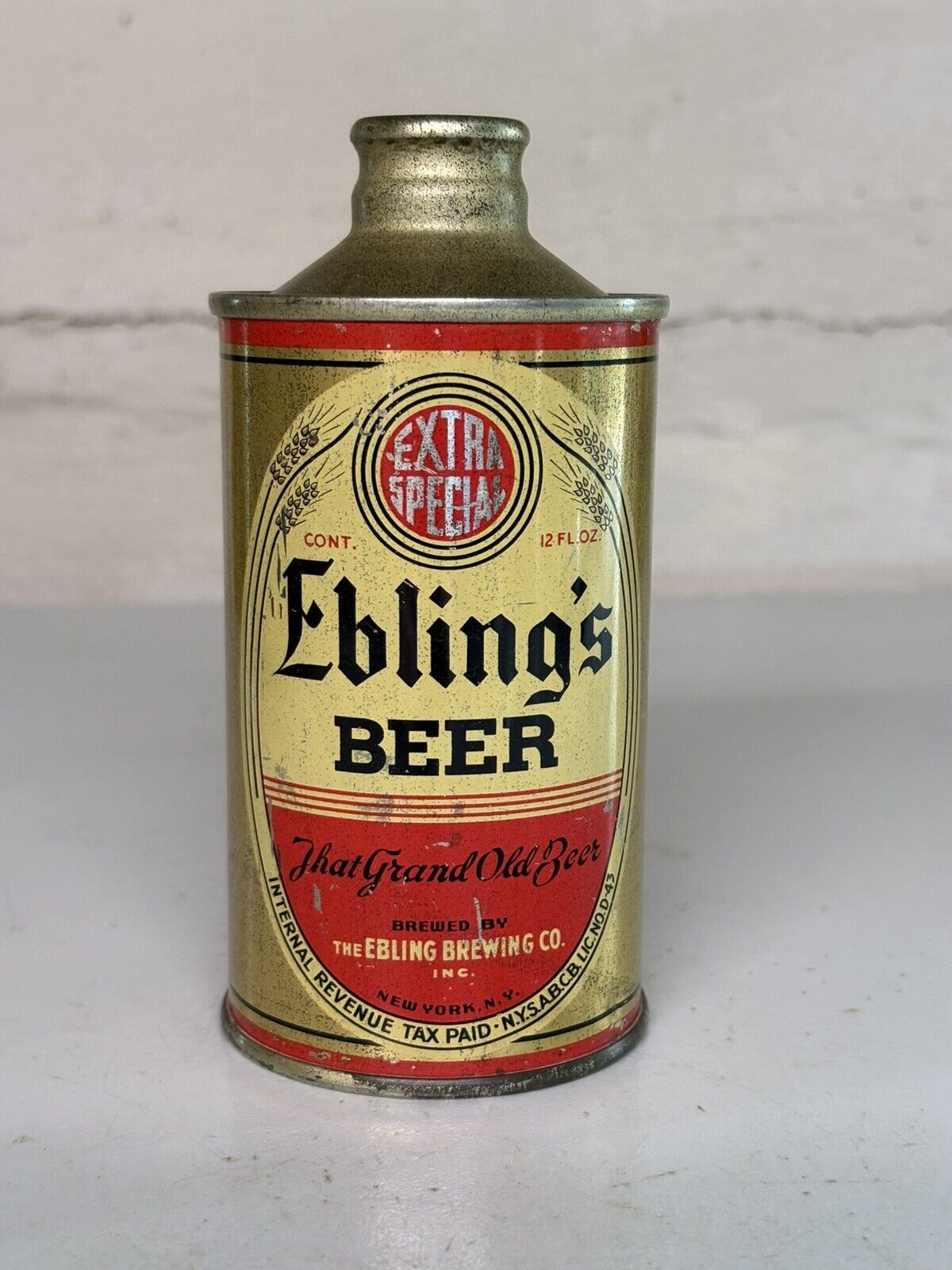 “Scarce” Ebling’s Beer 12 Oz. Flat Bottom J-Spout Conetop N. Y., N. Y. “Sweet!”