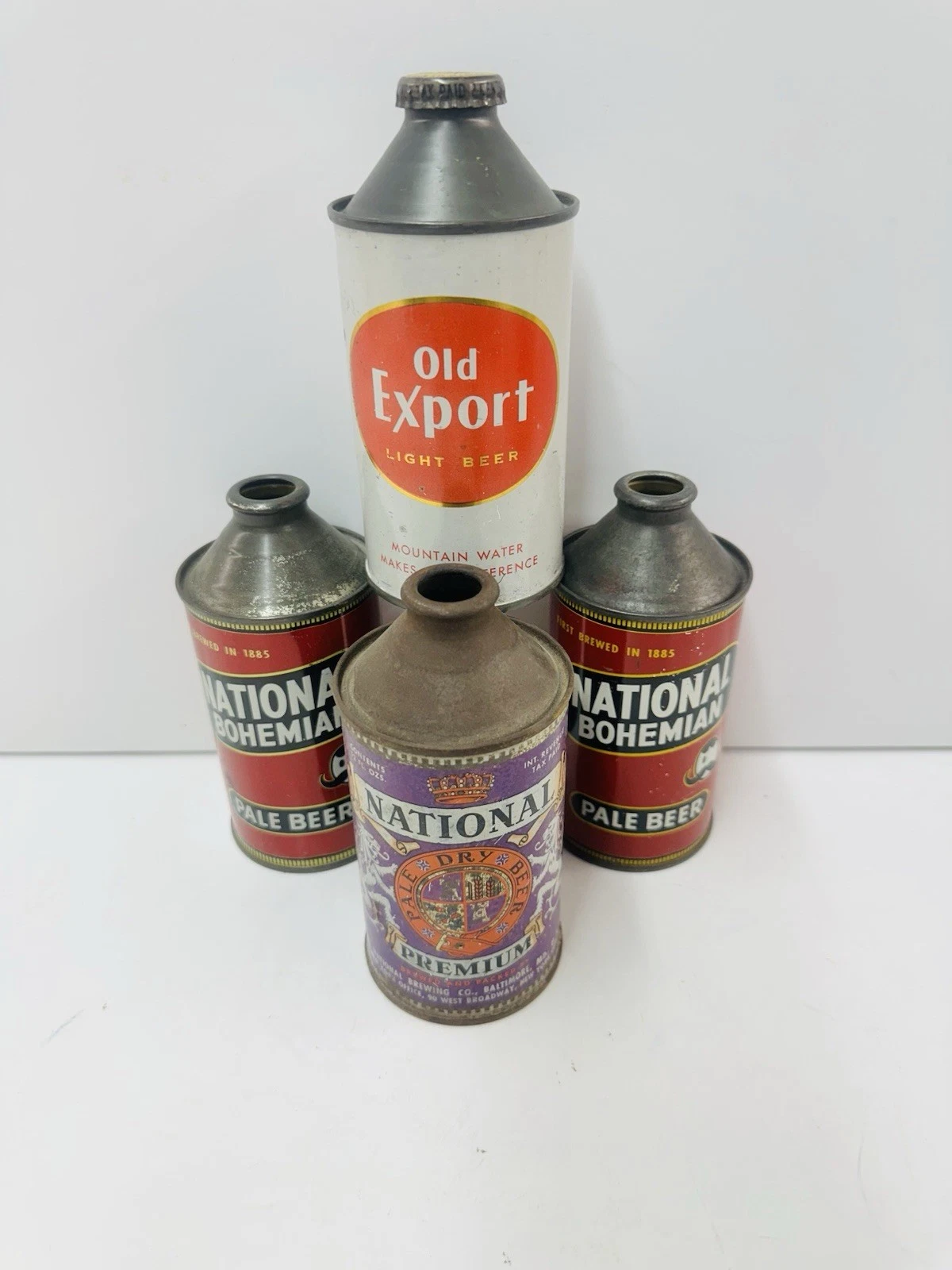 LOT OF 4: VINTAGE CONE TOP EMPTY BEER CANS (BOHEMIAN/NAT PREMIUM/OLD EXPORT)