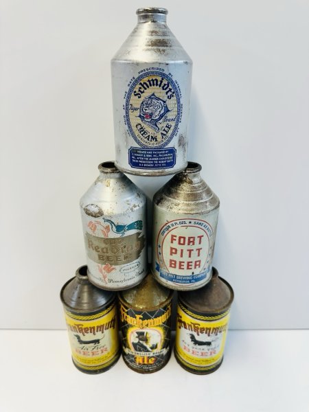 LOT OF 6: VINTAGE CONE TOP EMPTY BEER CANS(Frankenmuth/Fort Pitt/Schmidt's& More