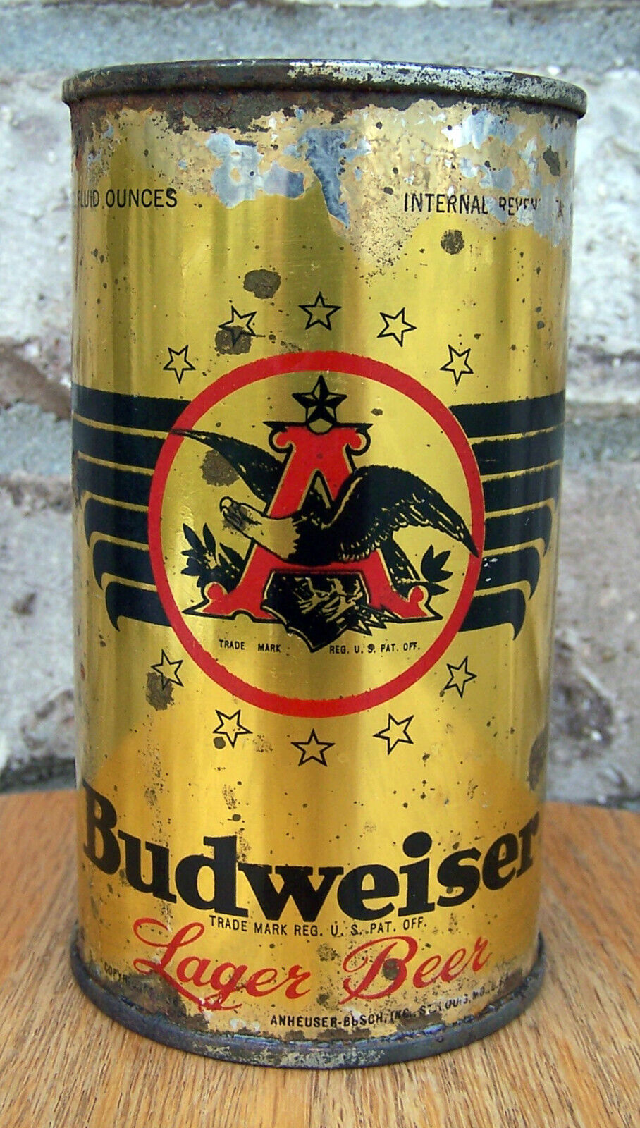 **OPEN STAR** OI Budweiser Lager Flat Top Beer Can, OI, St. Louis, MO, IRTP 1945