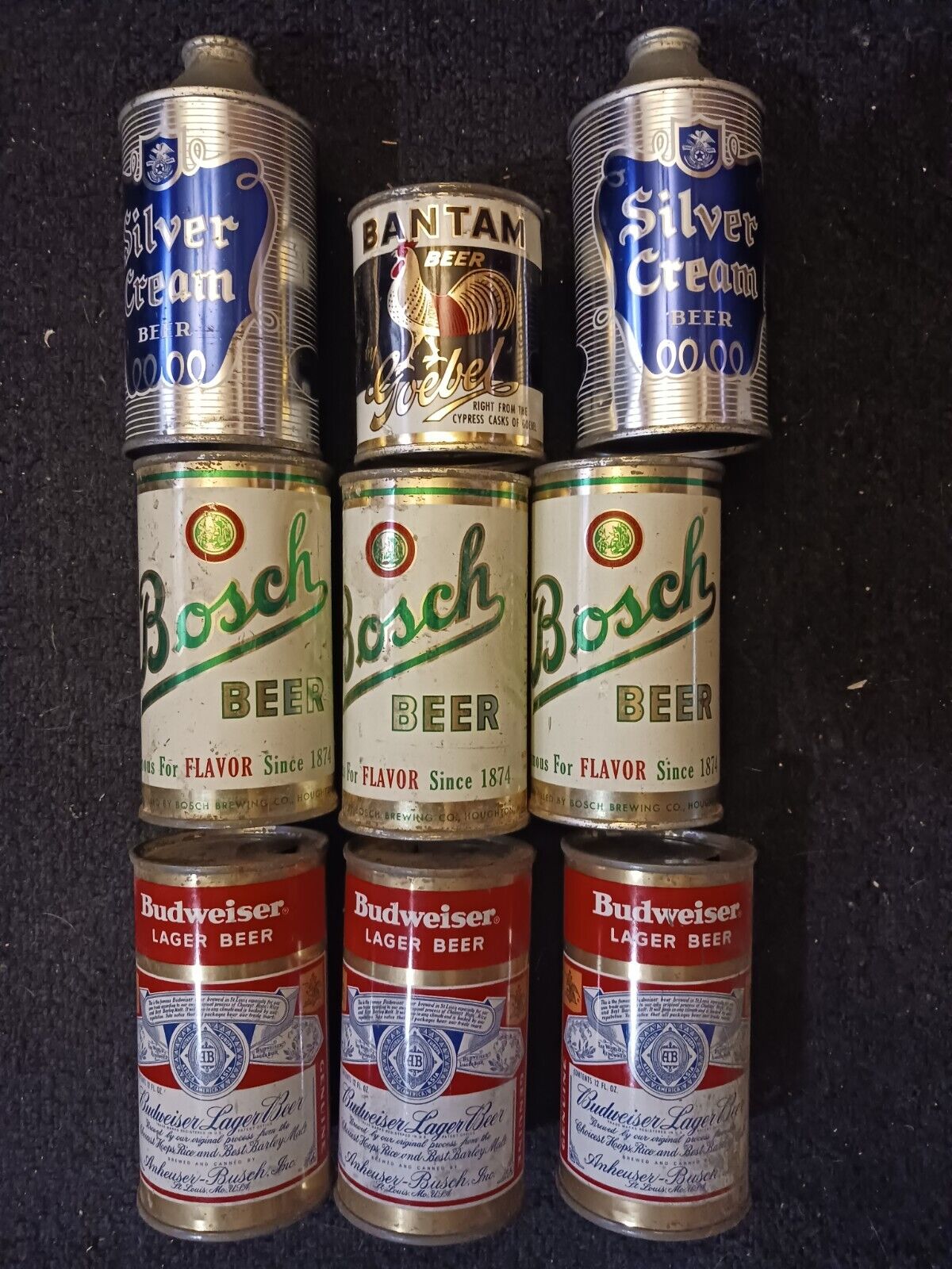 Vintage Silver Cream Cone Tops & 3 Bosch,  1 Bantam, & 3 Bud Flat Top Beer Cans