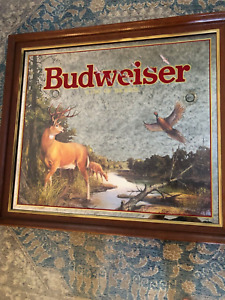 LARGE BUDWEISER BEER SIGN WHITETAIL DEER/Pheasant  BAR MIRROR 33 3/4 x 29 1/2