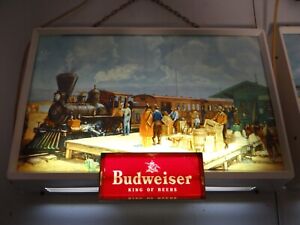 Killer 1950s Vtg Budweiser Lighted Beer Bar Sign Train Locomotive Horse St Louis