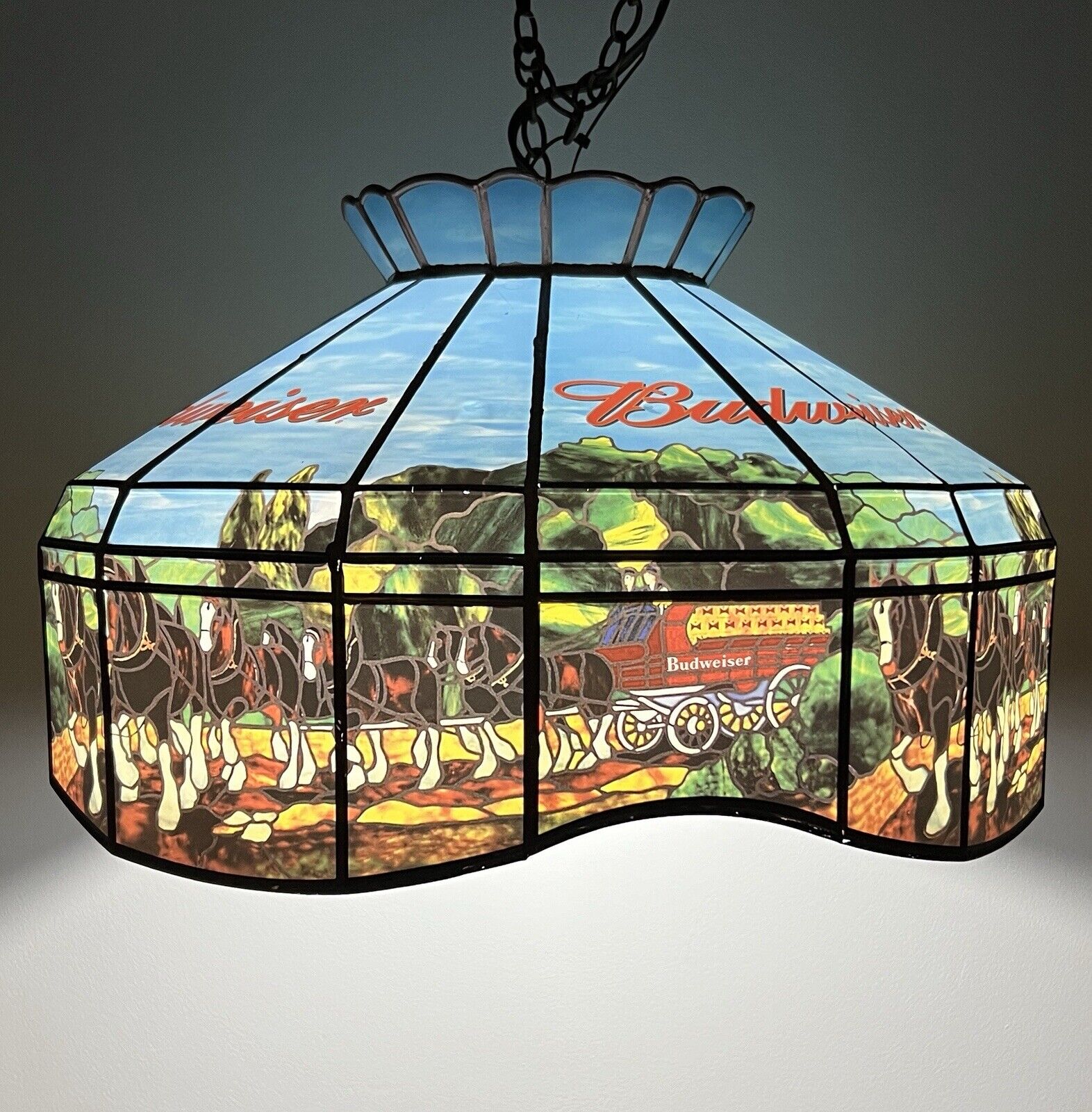 Rare Vintage BUDWEISER Beer CLYDESDALE HORSES With WAGON Hanging Bar Light