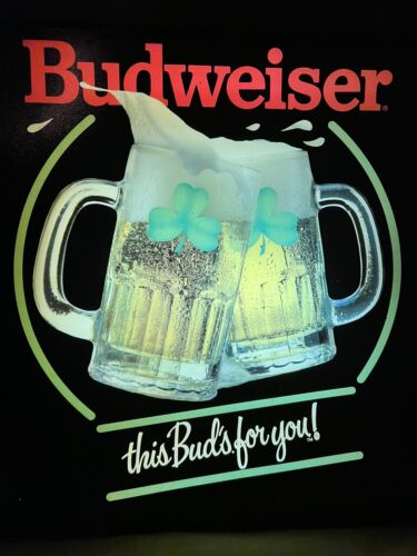 Rare vintage Budweiser Beer Shamrock Mugs “This BUDs For You” Lighted Sign!