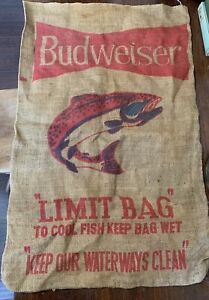 Vintage Unused Budweiser Burlap Sack Fishing Conservation Trout Limit Bag Sign