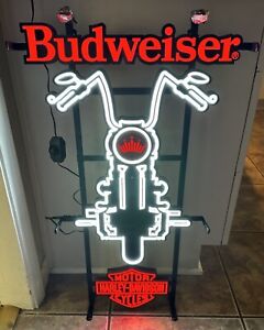 Budweiser Beer Harley Davidson Motorcycle Bike Led Light Up Bar Sign Garage New