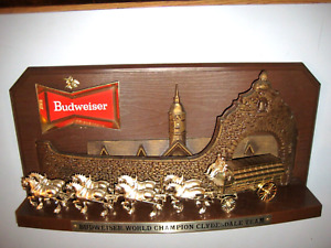 Vtg Budweiser Beer Worlds Champion Clydesdale Horse Team & Carriage Hanging Sign