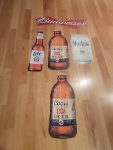 Lot Of 5 Tin Metal Beer Signs Coors Budweiser Modelo Miller Lite