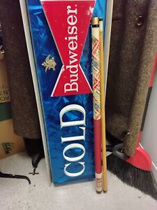 Vtg Budweiser logo Cold Beer Bar Sign Large Non Lighted  49 X 10 With Pool Cue