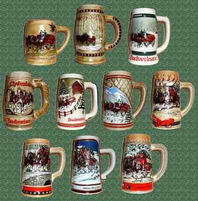 1980 to 1989 Budweiser Holiday Stein Set Vintage Clydesdale Christmas Collection