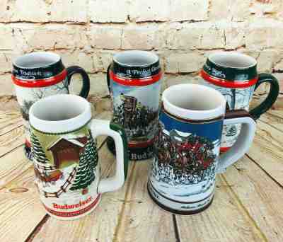 Budweiser Cyldesdale Collectible Christmas Steins-lot of 5 1989-1992