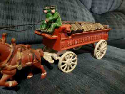 Budweiser Vintage Cast Iron  Carriage And Wagon With Barrels