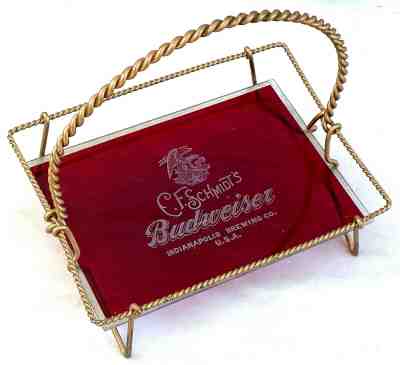 ANTIQUE PRE PRO BUDWEISER RUBY RED GLASS BEER TRAY BARWARE CADDY INDIANAPOLIS 