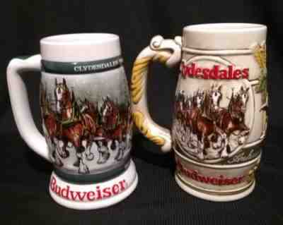 Budweiser 1983 Holiday Clydesdales Stein Mug Set (2) Cameo Wheatland Ceramarte