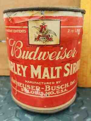 1900s VINTAGE BUDWEISER BARLEY MALT SIRUP 2.5# PAPER LABELED CAN-ST LOUIS MO!!