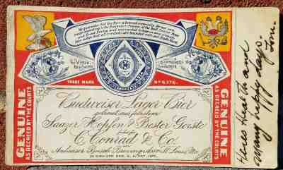 PRE-PROHIBITION 1909 BUDWEISER ANHEUSER BUSCH. ASSN C CONRAD & CO. ST. LOUIS, MO