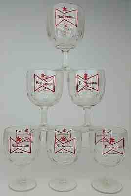 (6) Vtg Budweiser Beer Stemmed Footed Thumbprint Glasses Goblets Man Cave Bar VG