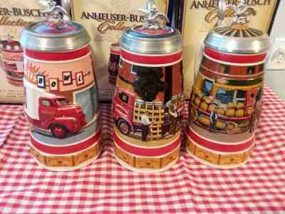 Anheuser Busch Budweiser Early Delivery Days-BEER TRUCK, FLATBED , BARREL Steins