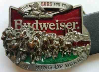 Vintage Budweiser Belt Buckle *w/Leather Belt* 1987 Pewter Clydesdales Near Mint