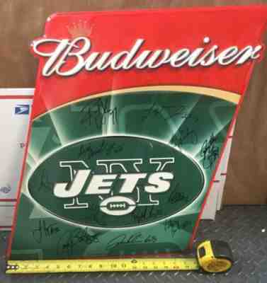 13) Autographed Budweiser New York JETS NFL Beer Football Tin Tacker Metal Sign