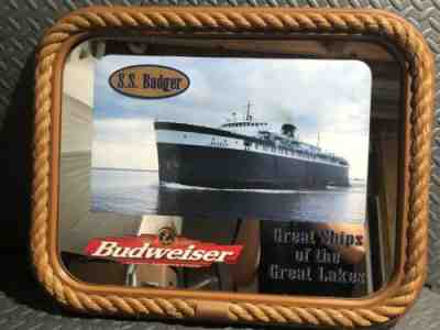 Vintage Budweiser Bar Mirror ~ Great Ships Of The Great Lakes ~ S.S. Badger