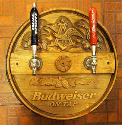 Vintage Wooden Wall-Mounted Budweiser Double-Tap Barrel Beer Dispenser