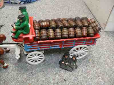 Budweiser Cast Iron Eight Clydesdale Horses and Wagon two men w dog 36