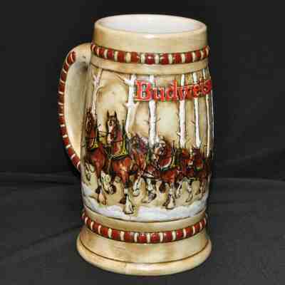 VTG Budweiser Snowy Woodlands Holiday Collectors Stein 1981 Clydesdales In Snow