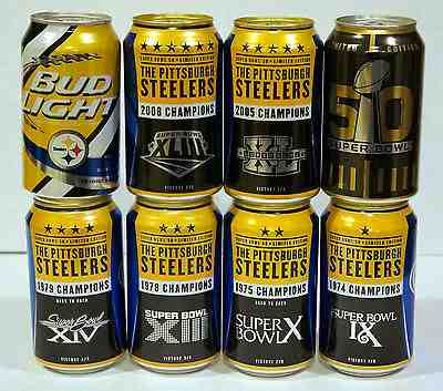 Eight 2015 Bud Light NFL Super Bowl 50 Limited Edition Empty Cans (Steelers)