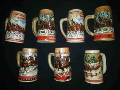  Lot of 7 Budweiser Clydesdale's Holiday Beer Stein Clydesdales Christmas 1980's