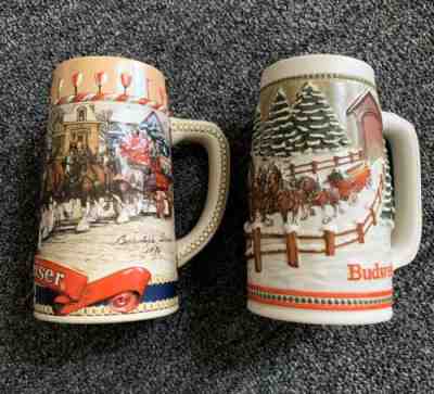 2 BUDWEISER CLYDESDALES Holiday Beer Steins 1981 & 1986 Mugs Collectible Barware